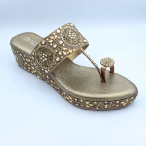 Antique Gold Embellished Ethnic Toe-Ring Wedge Sandals