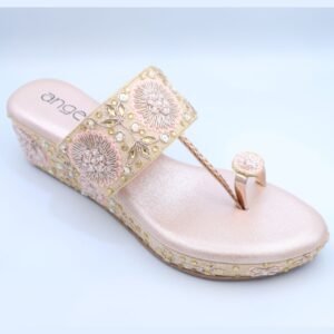 Blush Pink & Gold Embellished Ethnic Toe-Ring Wedge Sandals
