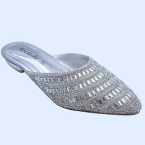 Brilliant Silver Crystal Embellished Pointed-Toe Flat Mules
