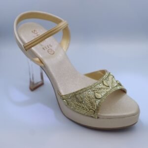 Golden Ethnic Heeled Sandal with Transparent Block Heel