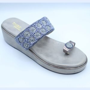 Silver Grey & Powder Blue Embroidered Wedge Toe-Ring Sandals