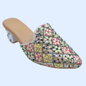 Carnival Cream Multi-Color Embellished Pointed Toe Mules with Block Heel