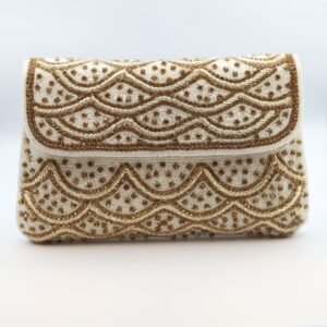Ivory & Gold Beaded Wave Pattern Clutch