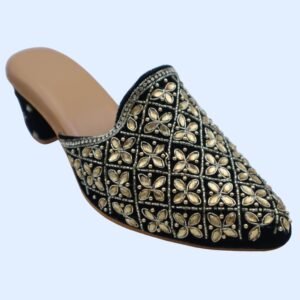 Majestic Black & Gold Embellished Pointed Toe Mules with Block Heel