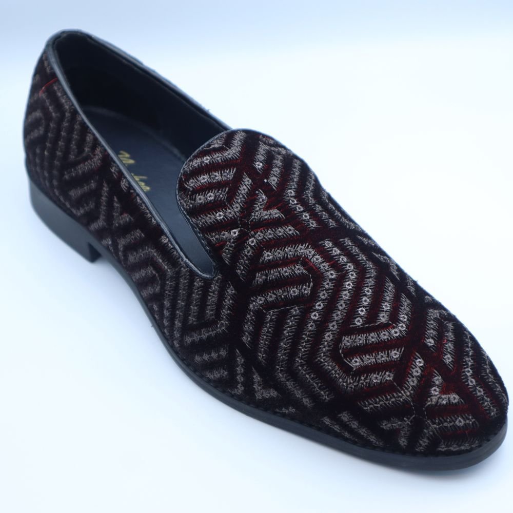 Men's Luxurious Maroon & Silver Patterned Velvet Loafers-1
