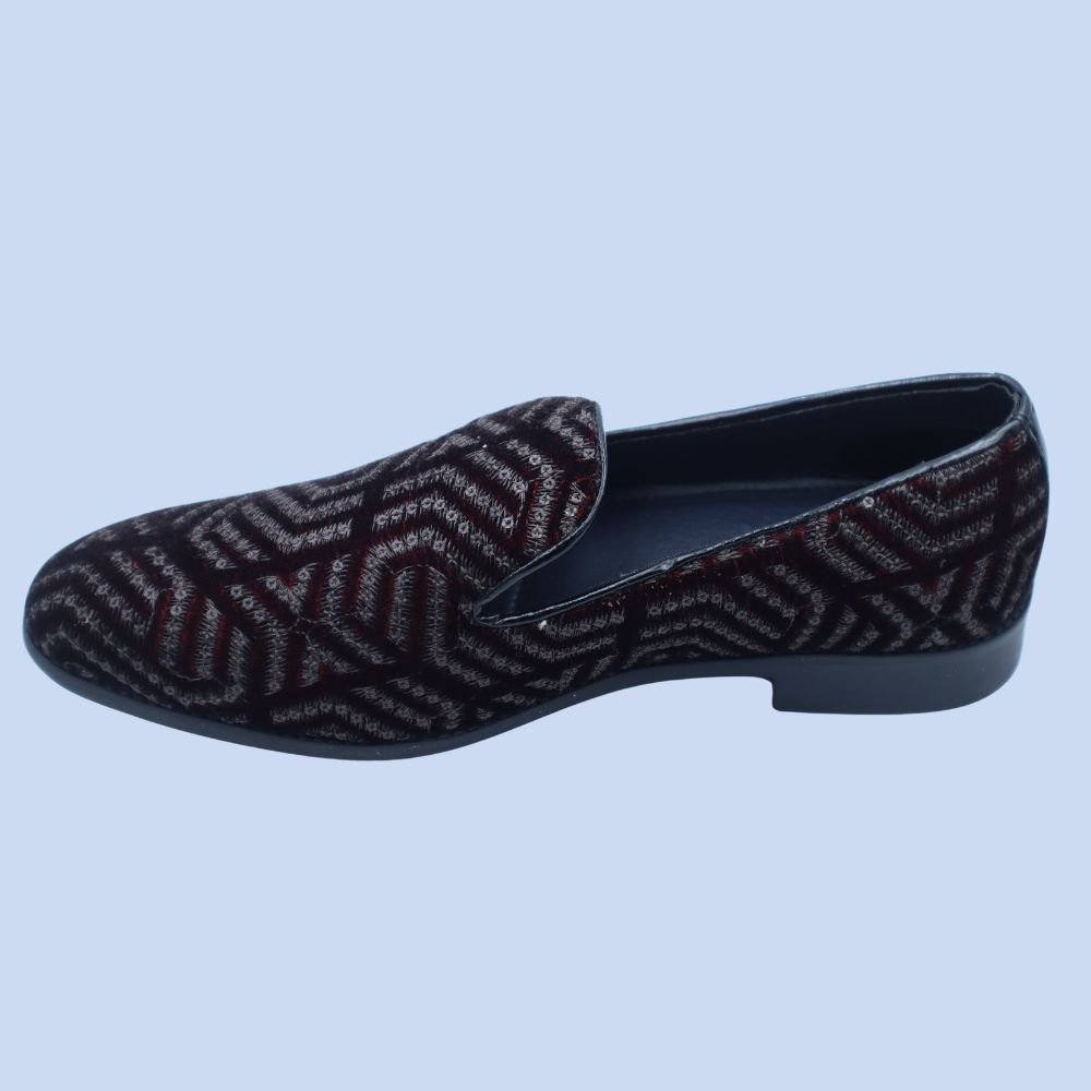 Men’s Luxurious Maroon & Silver Patterned Velvet Loafers-2