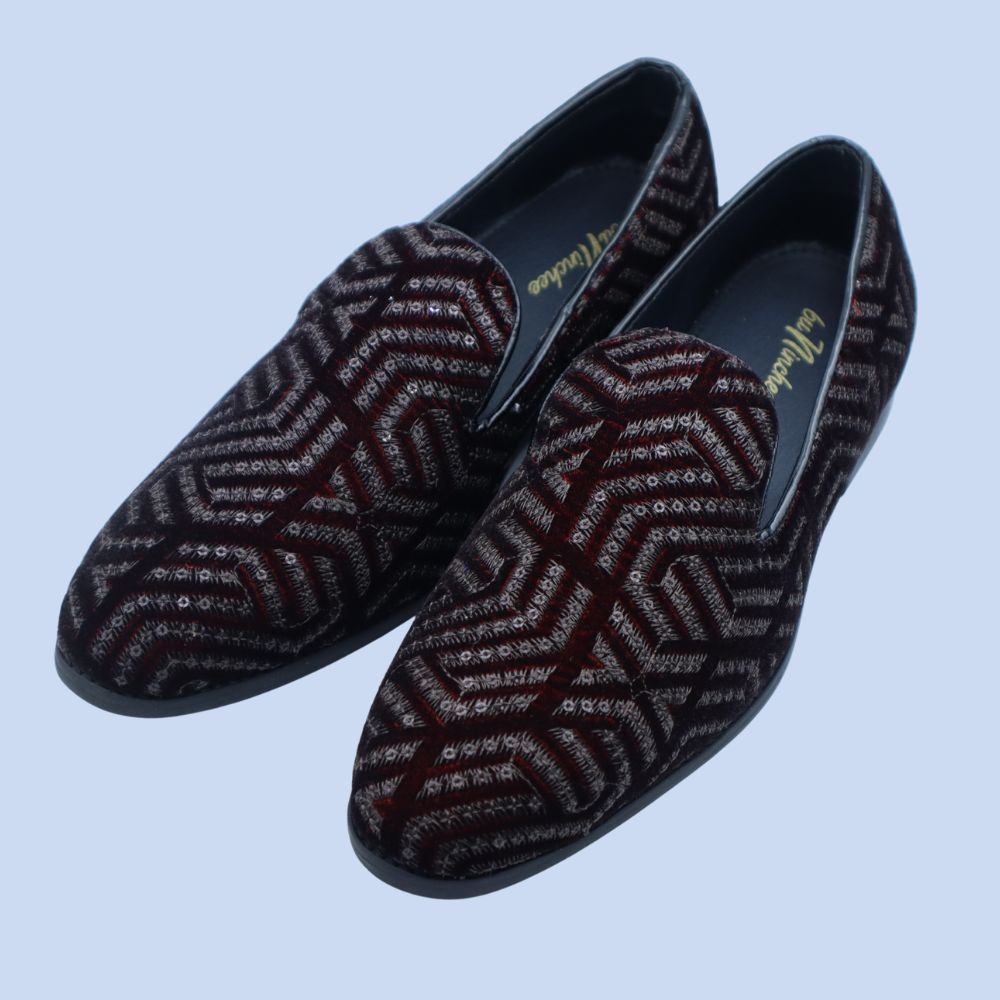 Men’s Luxurious Maroon & Silver Patterned Velvet Loafers