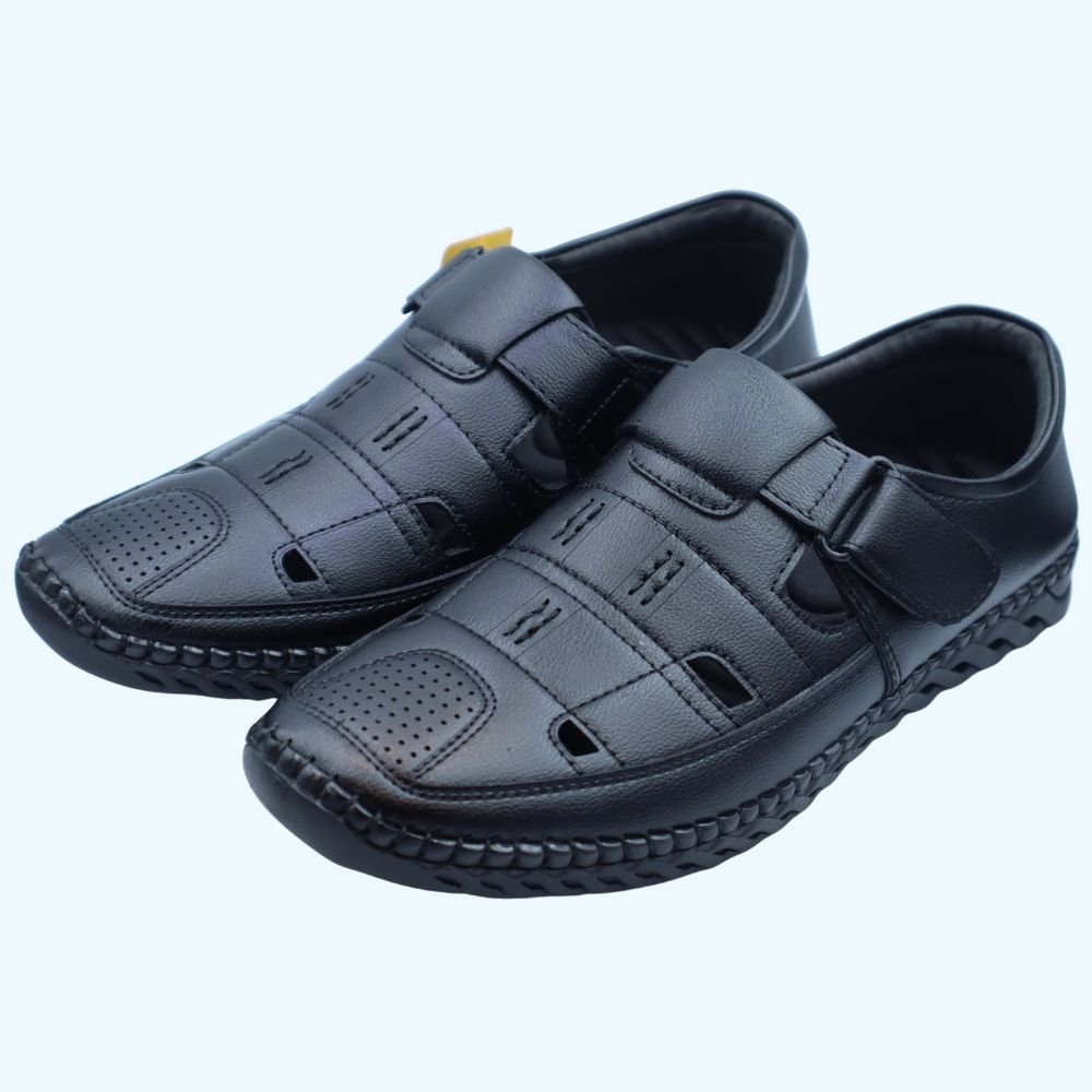 Men’s Stylish Black Perforated Leather Casual Sandals-1