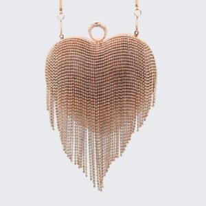 Rose Gold Rhinestone Heart Clutch with Fringe & Ring Handle - Fancy Evening Bag