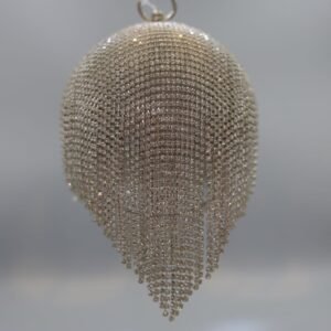 Silver Rhinestone Teardrop Clutch with Cascading Fringe - Evening Bag